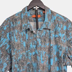 Tori Richard 2XL Button Up Short Sleeve Hawaiian Shirt Palm Tree Print Blue Gray
